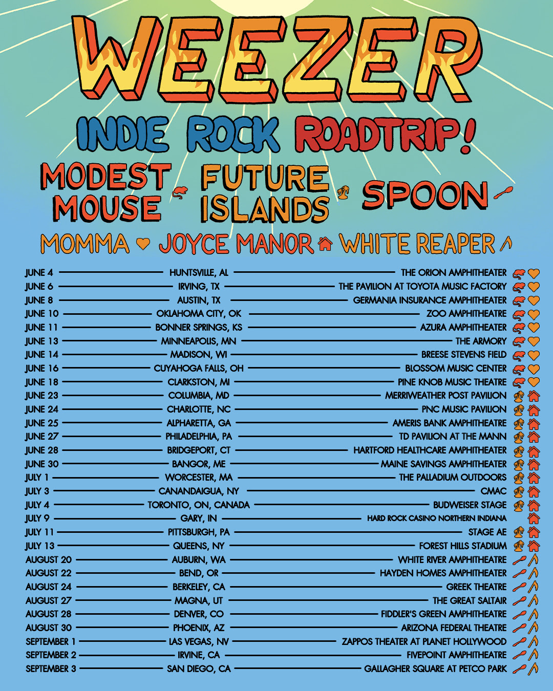 Weezer indie rock road trip tour dates poster 2023