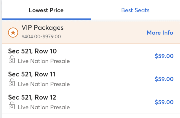A generic example of VIP presale ticket options